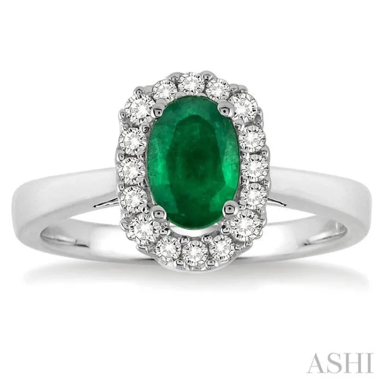 6x4 MM Oval Cut Emerald and 1/6 Ctw Round Cut Diamond Precious Ring in 14K White Gold