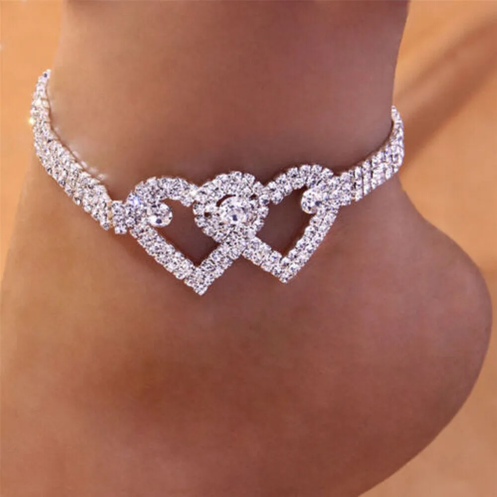 US 2-4 Pack Love Chain Double Heart Anklet Bracelet Bling Crystal Ankle Barefoot