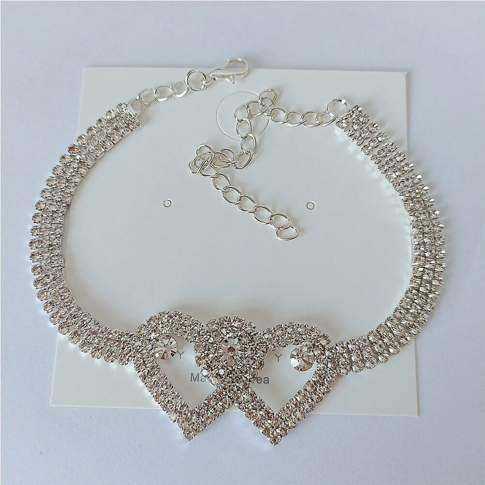 US 2-4 Pack Love Chain Double Heart Anklet Bracelet Bling Crystal Ankle Barefoot