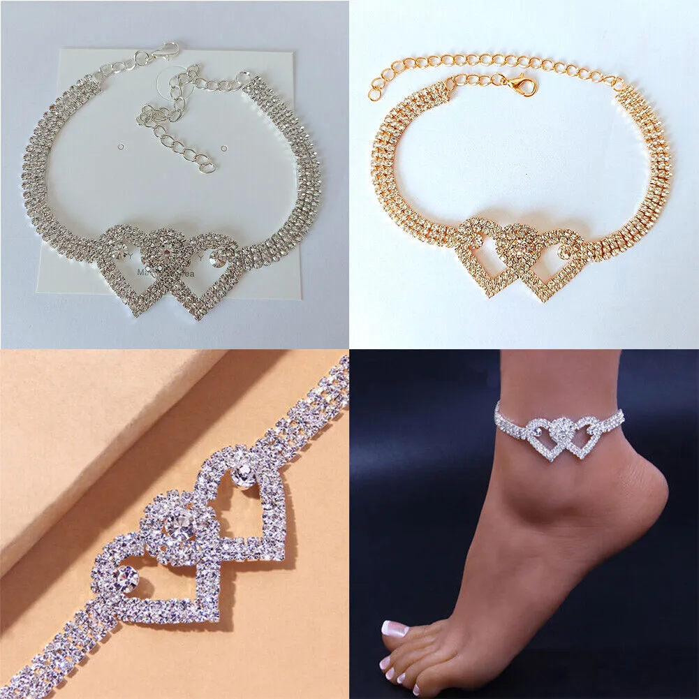 US 2-4 Pack Love Chain Double Heart Anklet Bracelet Bling Crystal Ankle Barefoot